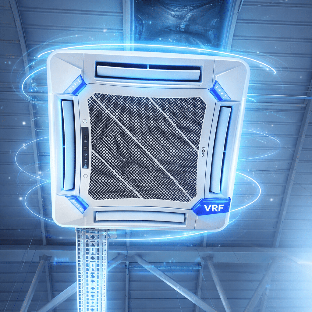 Modern bir endüstriyel tavan yapısına monte edilmiş, üzerinde mavi ışık efektleri ve "VRF" ibaresi bulunan beyaz renkli, dört yöne üflemeli kaset tipi klima ünitesinin alttan görünümü.