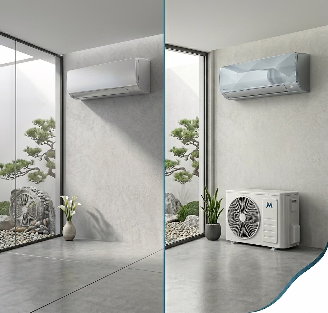 Inverter klima tasarruf ve teknik özelliklerini anlatan karanlık arka plan veya boş görsel alanı.