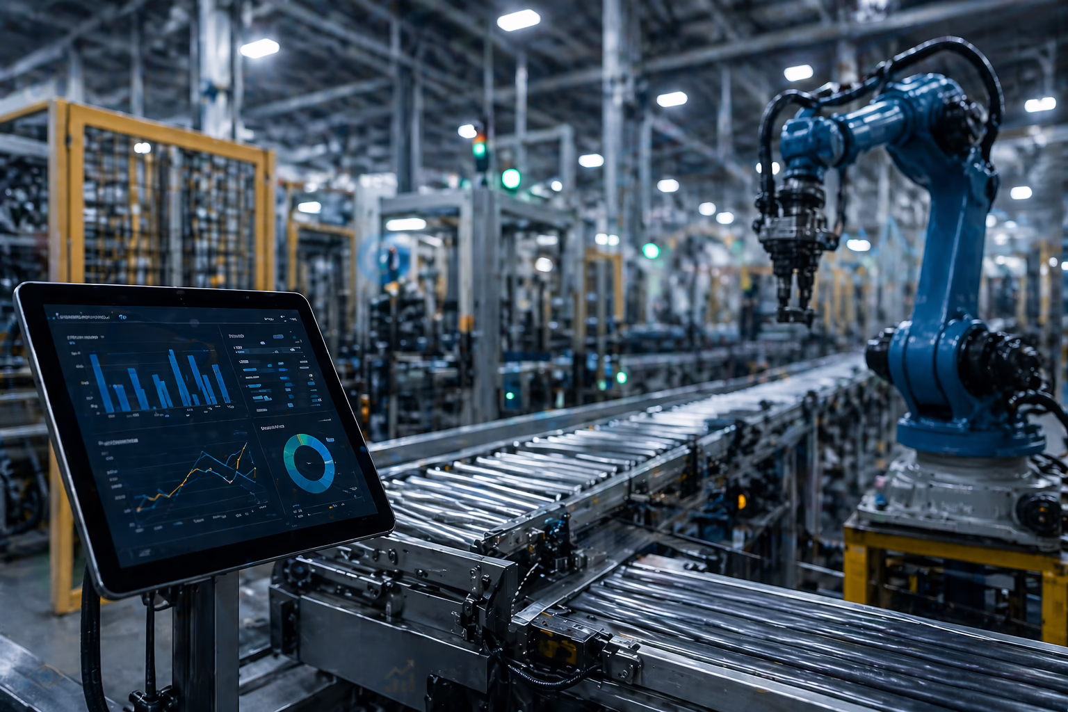 Endüstriyel üretim hattında robotik kol ve dijital veri ekranları ile performans izleme yapılan modern akıllı fabrika ortamı