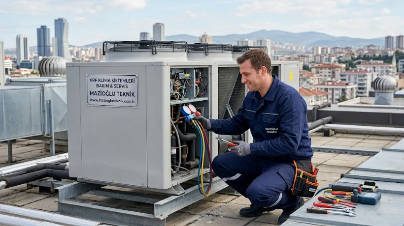 Mazioğlu Teknik personeli bir işletmenin çatısındaki VRF klima dış ünitesine profesyonel VRF klima servisi bakımı yapıyor.
